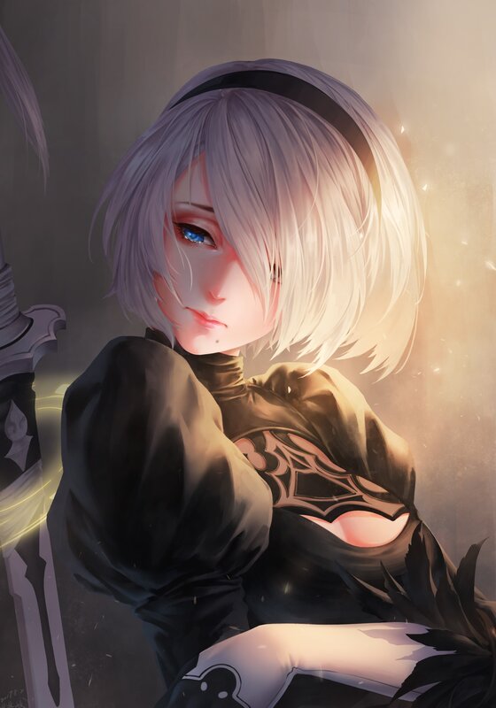 Anime Girl with White Hair — Dramatic, Digital Art, Sword, Headband