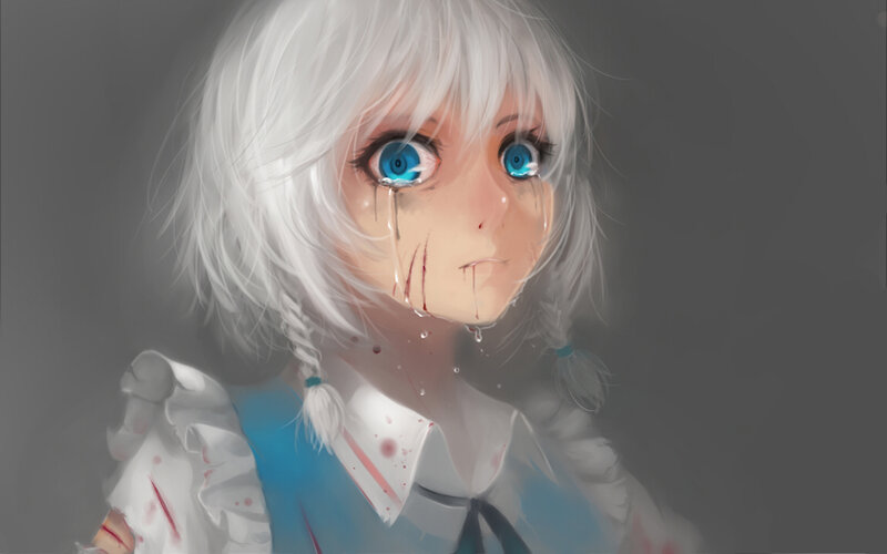 Anime Girl with White Hair — Dramatic, Digital Art, Tears