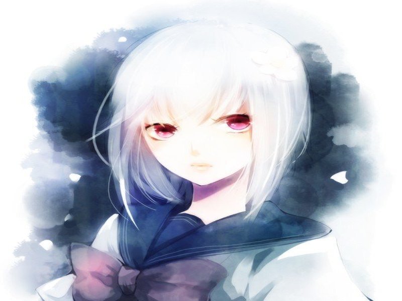 Anime Girl with White Hair — Dramatic, Digital Art, White Flower