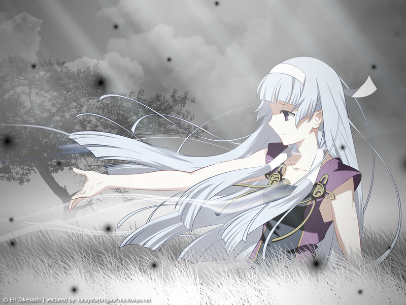 Anime Girl with White Hair — Dramatic, Grass