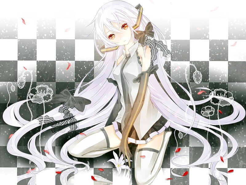 Anime Girl with White Hair — Dramatic, Long Hair, Checkered Background