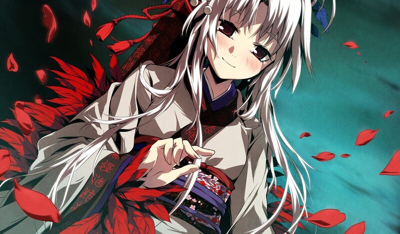 Anime Girl with White Hair — Dramatic, Manga, Red Feathers
