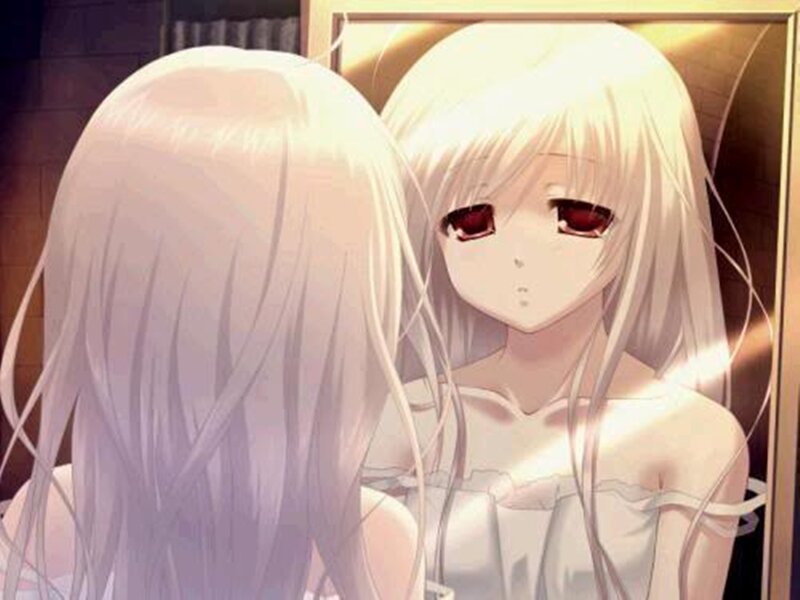 Anime Girl with White Hair — Dramatic, Mirror