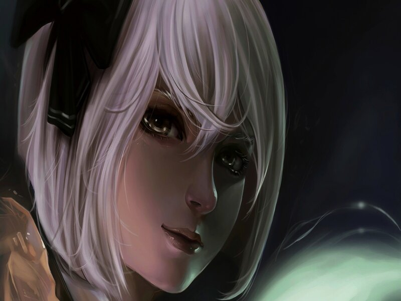 Anime Girl with White Hair — Dramatic, Night, Digital Art, Black Bow