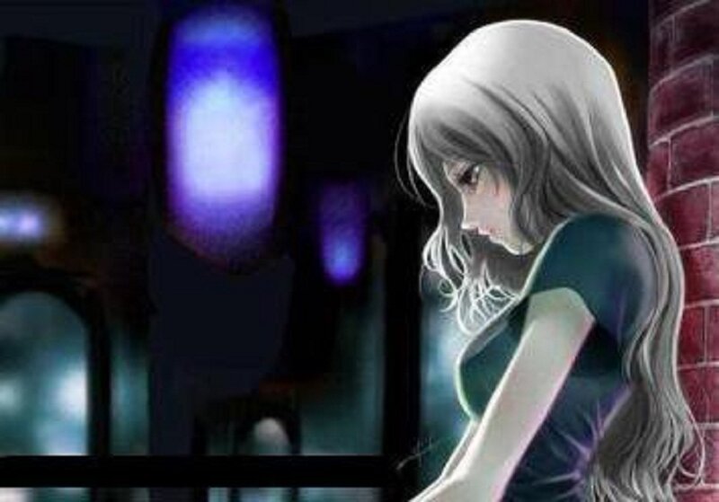 Anime Girl with White Hair — Dramatic, Night, Digital Art, Brick Wall