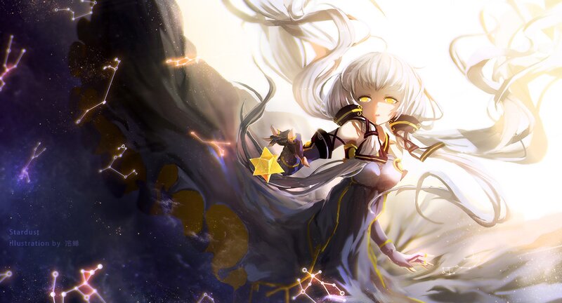 Anime Girl with White Hair — Dramatic, Night, Digital Art, Constellations