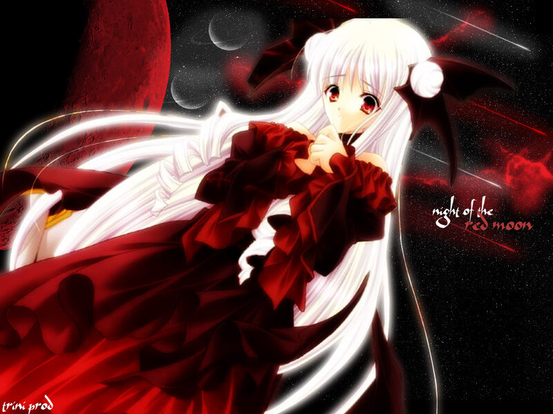 Anime Girl with White Hair — Dramatic, Night, Digital Art, Red Moon