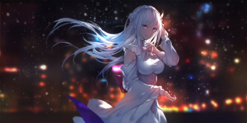 Anime Girl with White Hair — Dramatic, Night, Digital Art, White Dress, Long Hair