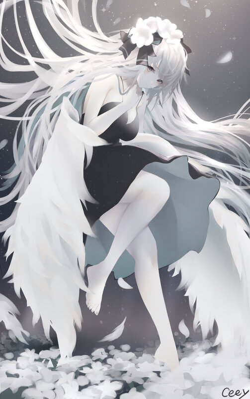 Anime Girl with White Hair — Dramatic, Night, Digital Art, White Wings