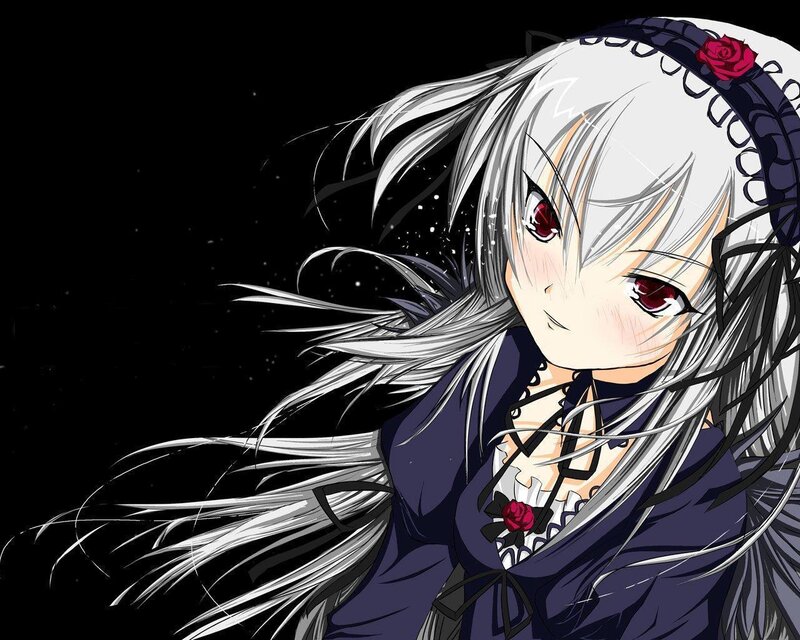 Anime Girl with White Hair — Dramatic, Night, Red Eyes, Rose