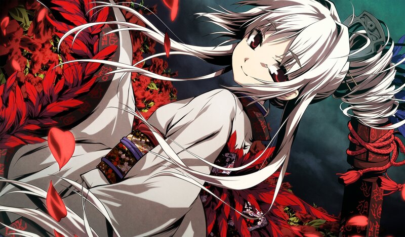 Anime Girl with White Hair — Dramatic, Night, Red Flowers