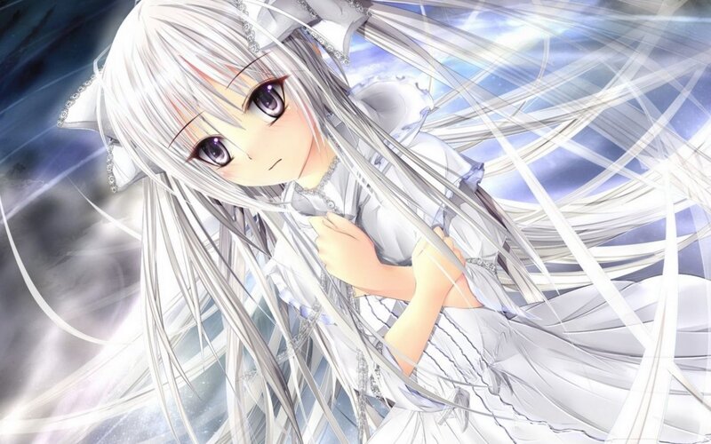 Anime Girl with White Hair — Dramatic, White Dress