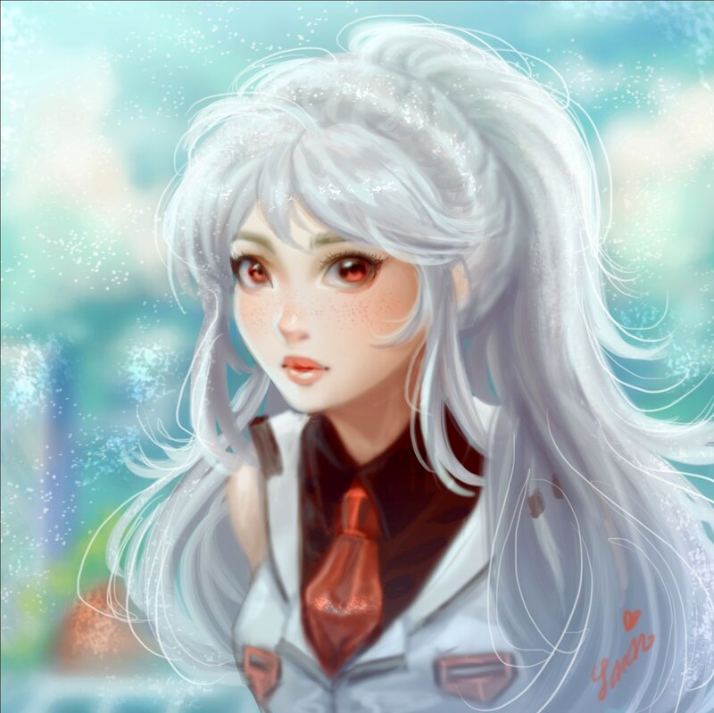 Anime Girl with White Hair — Dreamy, Digital Art, Red Tie
