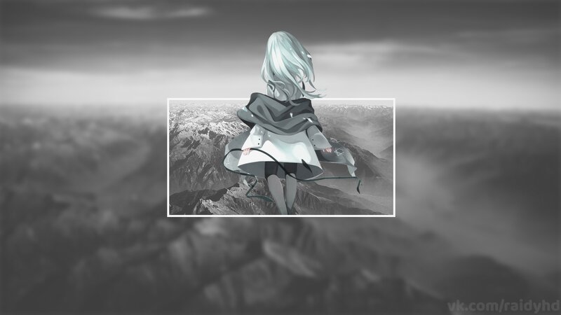 Anime Girl with White Hair — Gray, Dramatic, Digital Art, Mountains