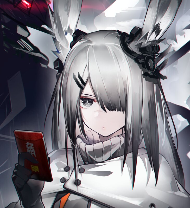 Anime Girl with White Hair — Gray, Dramatic, Digital Art, Red Card