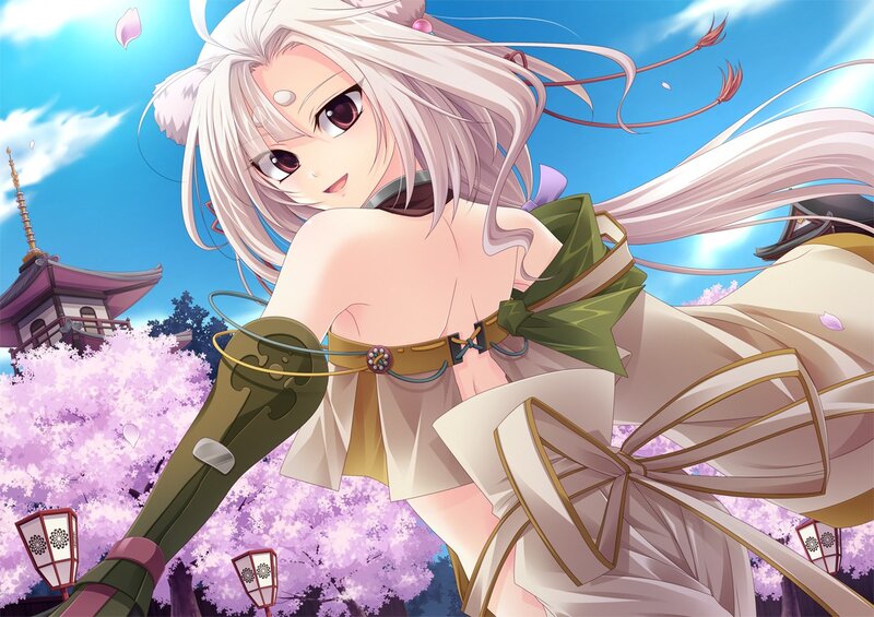Anime girl with white hair in cherry blossom