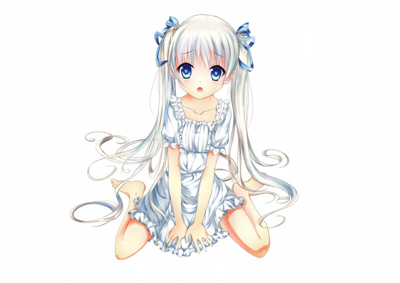 Anime Girl with White Hair — Innocent, Blue Bows