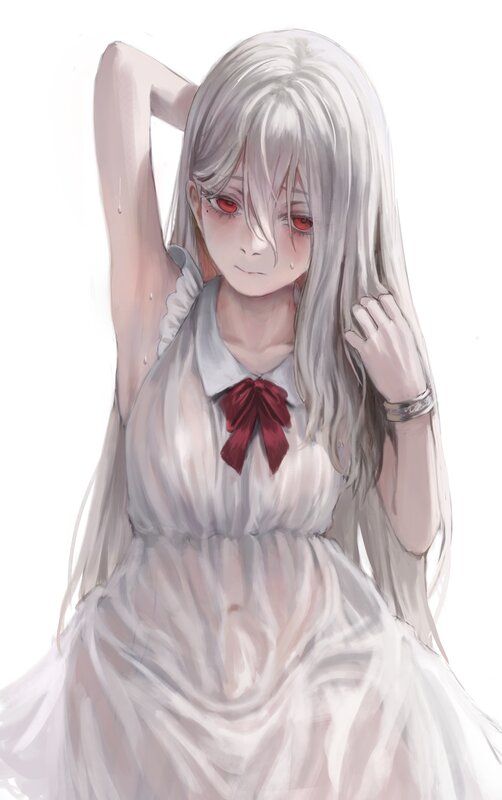 Anime Girl with White Hair — Melancholic, Digital Art, Red Eyes