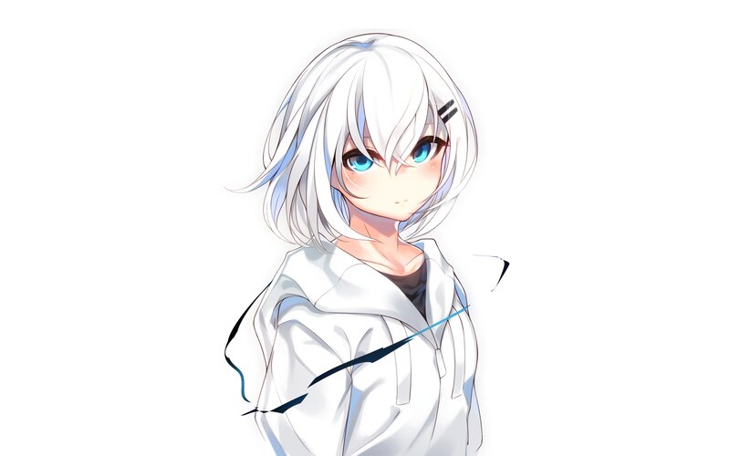Anime Girl with White Hair — Neutral, Blue Eyes