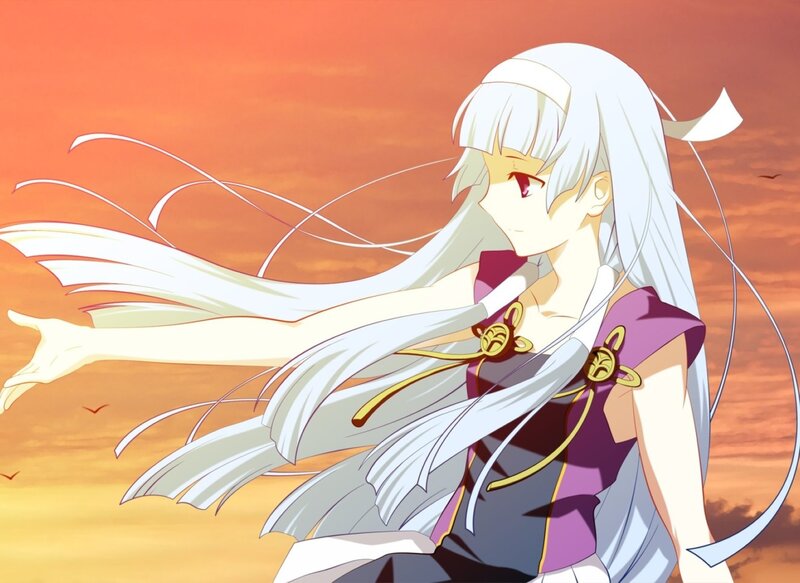 Anime Girl with White Hair — Orange, Dramatic, Sunset, Birds