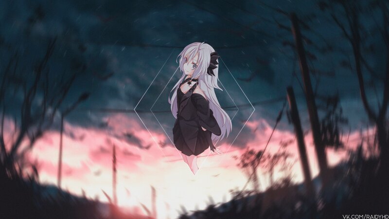 Anime Girl with White Hair — Pink, Dramatic, Sunset, Digital Art