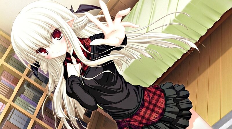 Anime Girl with White Hair — Playful, Bookshelf, Bed