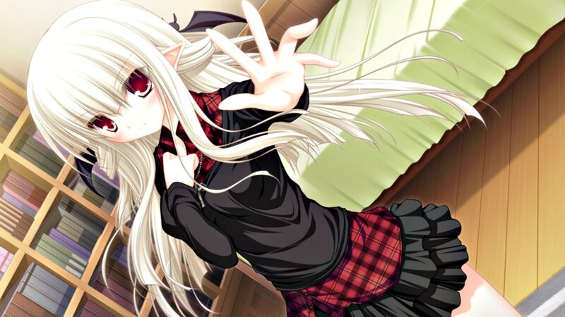Anime Girl with White Hair — Playful, Bookshelf