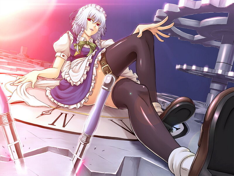 Anime Girl with White Hair — Purple, Dramatic, Digital Art, Clock