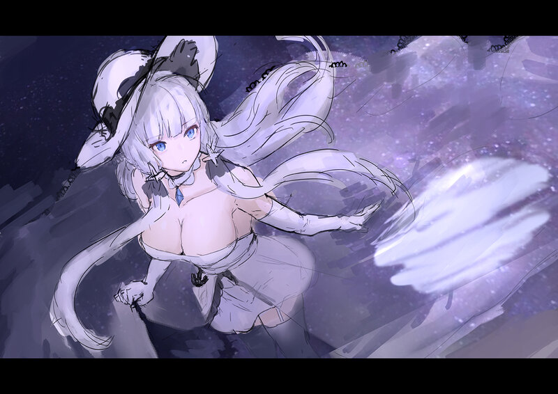 Anime Girl with White Hair — Purple, Dramatic, Night, Digital Art, Hat