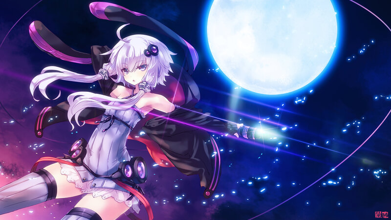 Anime Girl with White Hair — Purple, Dramatic, Night, Digital Art, Moon, Stars