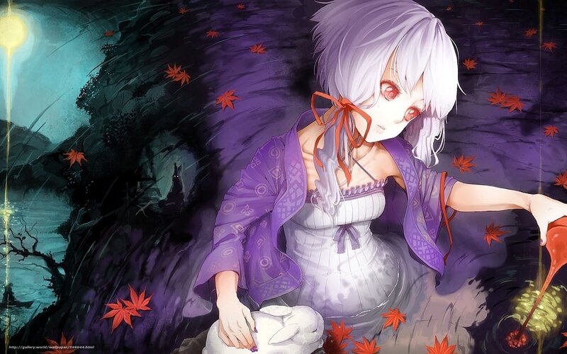 Anime Girl with White Hair — Purple, Dramatic, Night, Digital Art, Red Maple Leaves