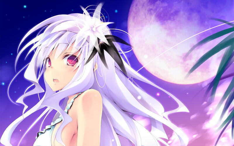 Anime Girl with White Hair — Purple, Serene, Night