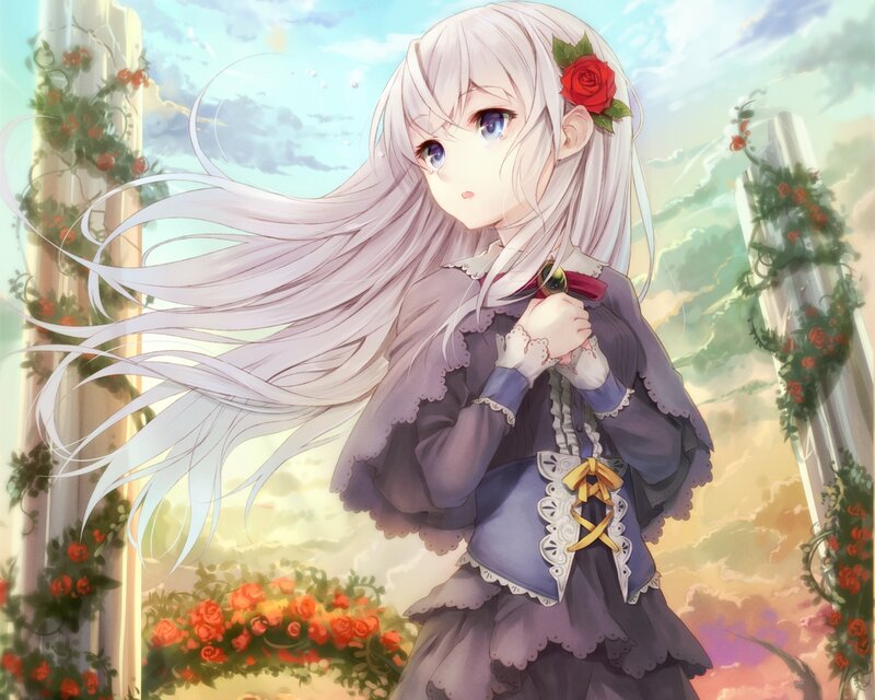 Anime Girl with White Hair — Purple, Serene, Sunset