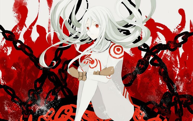Anime Girl with White Hair — Red, Dramatic, Digital Art, Chains