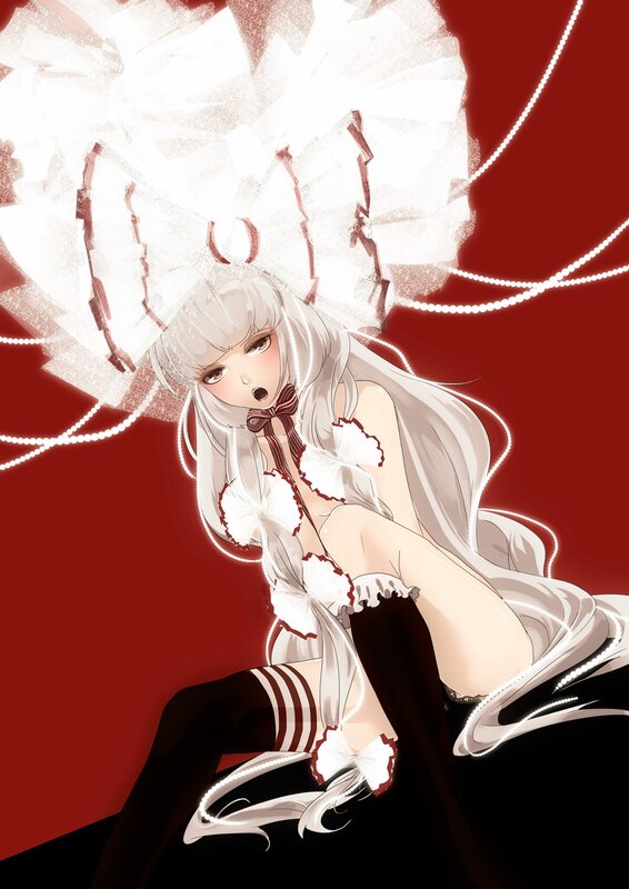Anime Girl with White Hair — Red, Dramatic, Digital Art, Red Background