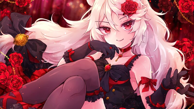 Anime Girl with White Hair — Red, Dramatic, Digital Art, Red Roses