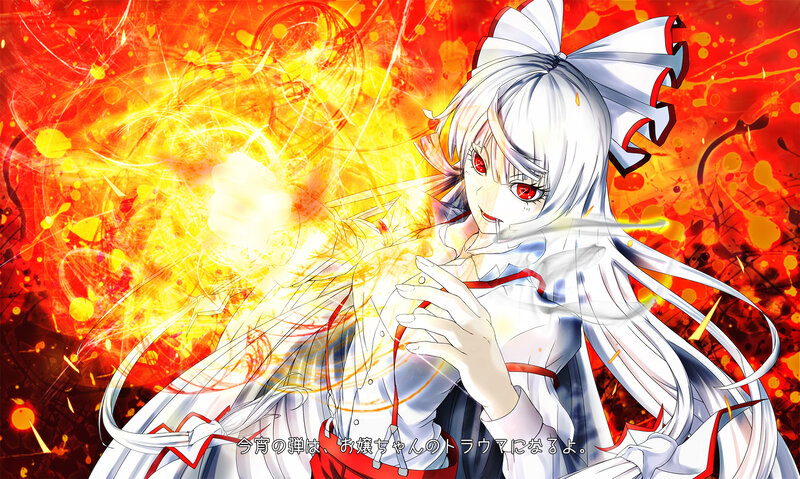 Anime Girl with White Hair — Red, Dramatic, Fire
