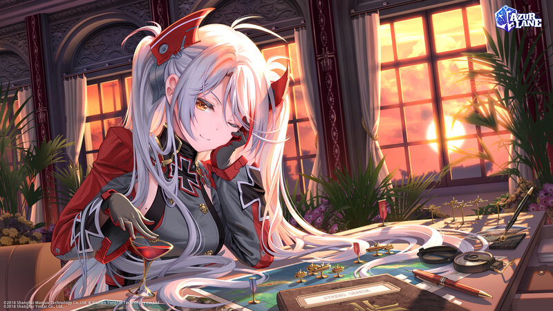 Anime Girl with White Hair — Red, Dramatic, Sunset, Digital Art, Desk
