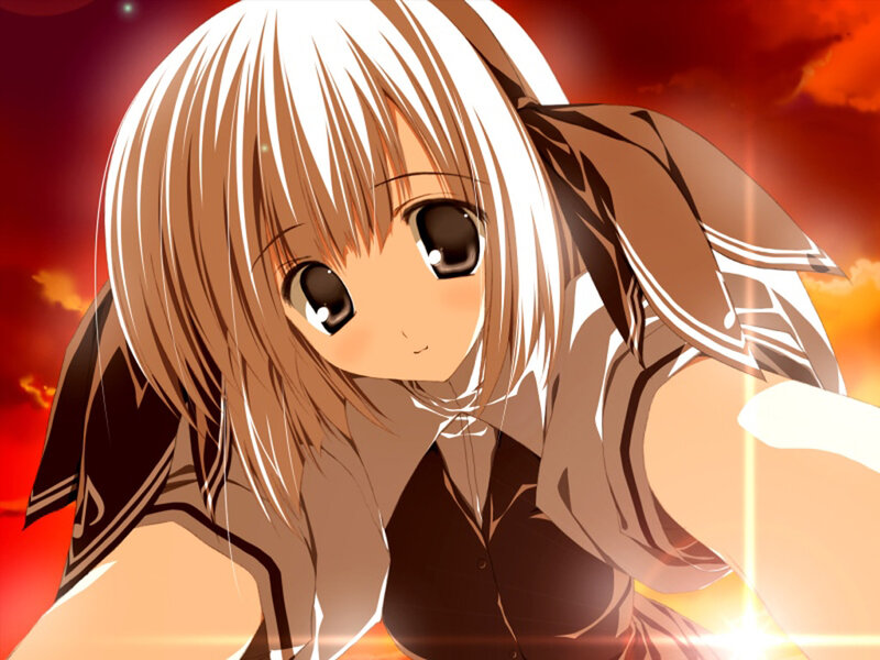 Anime Girl with White Hair — Red, Dramatic, Sunset