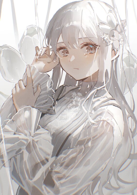 Anime Girl with White Hair — Serene, Digital Art, Flower