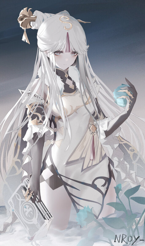 Anime Girl with White Hair — Serene, Digital Art, Sword