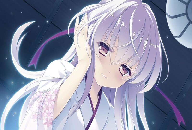 Anime Girl with White Hair — Serene, Night, Kimono