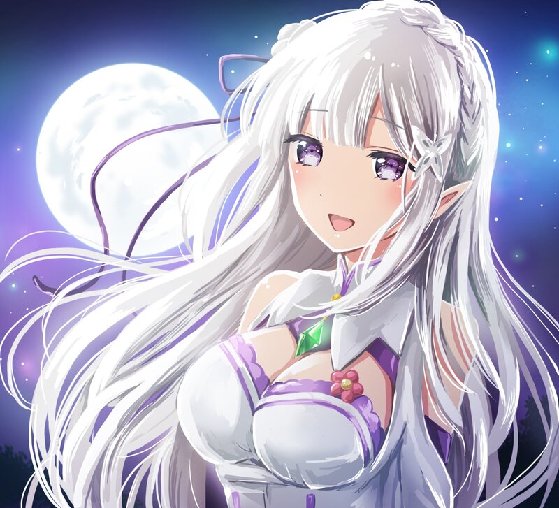 Anime Girl with White Hair — Serene, Night, Moon