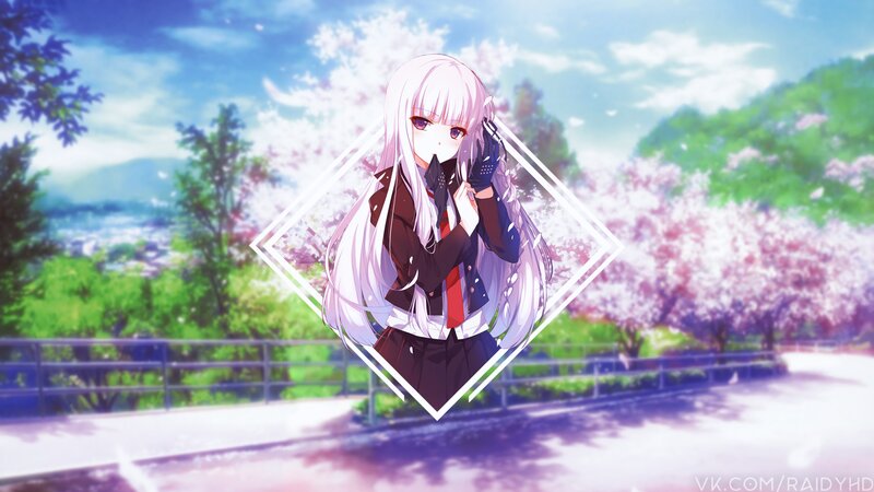 Anime Girl with White Hair — Serene, Spring, Cherry Blossoms, School Uniform