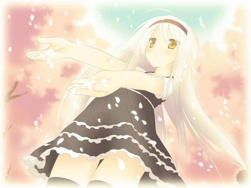 Anime Girl with White Hair — Serene, Spring, Cherry Blossoms