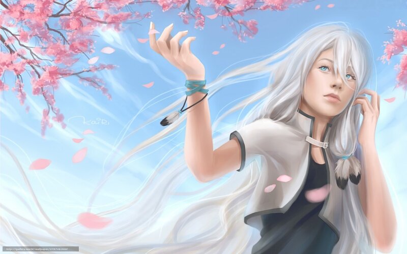 Anime Girl with White Hair — Serene, Spring, Digital Art, Cherry Blossoms
