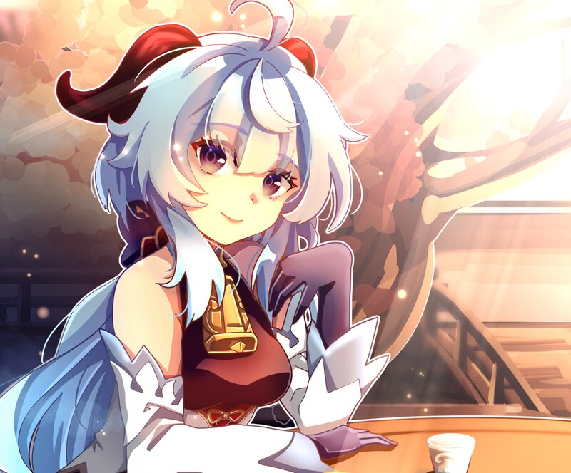 Anime Girl with White Hair — Serene, Sunset, Digital Art, Cup