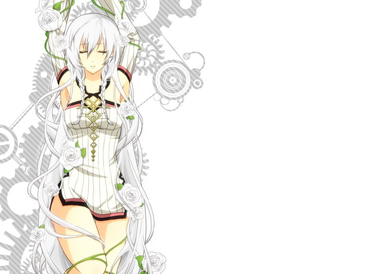 Anime Girl with White Hair — Serene, White Roses