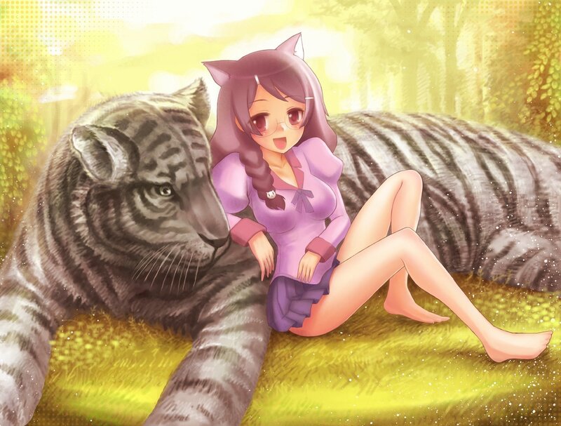 Anime girl with white tiger