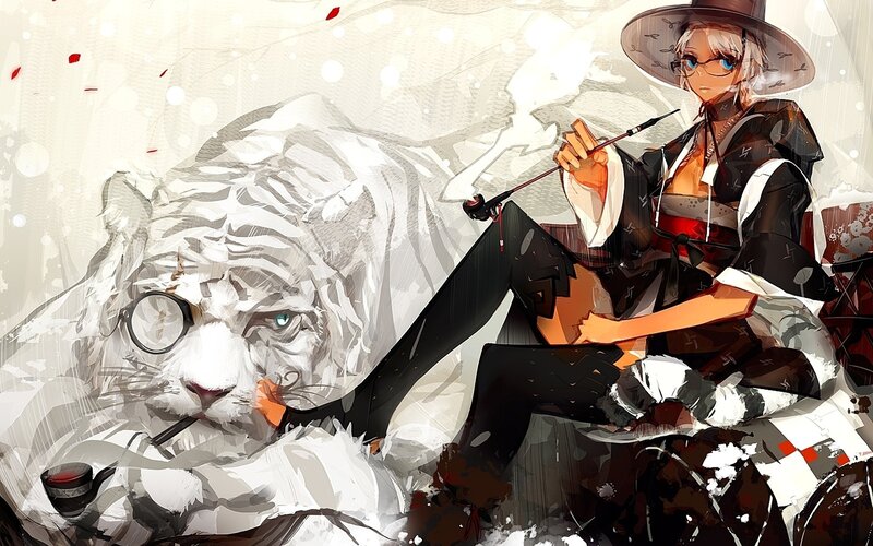 anime girl with white tiger